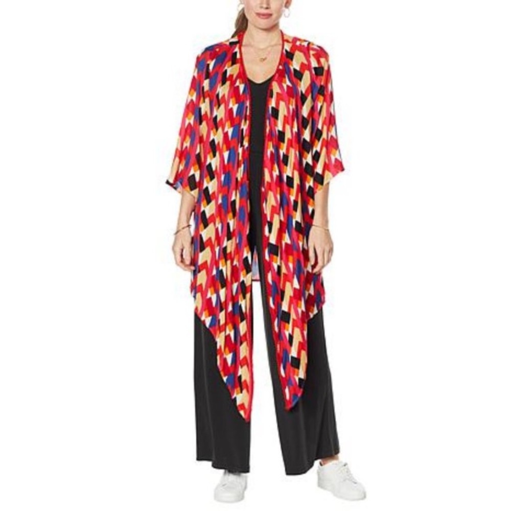 NEW! Lightweight Curations Sharkbite Hem Printed Topper / Cardigan, Pink Geo